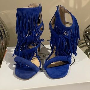 Blue suede heels! Fringly Style open toe with zipper back. Size US 6.5